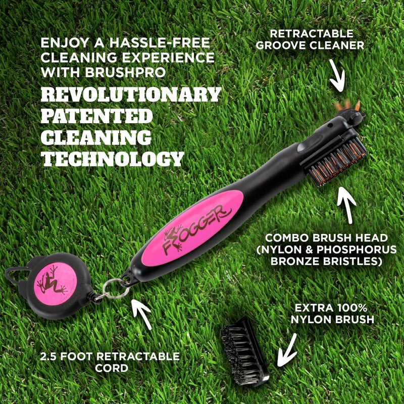 Frogger BrushPro Golf Club Cleaner with Ergonomic Grip and 2.5 ft. Retractable Cord, Pink - Sturdy Golf Club Brush and Groove Cleaner for Golfers - Image 2